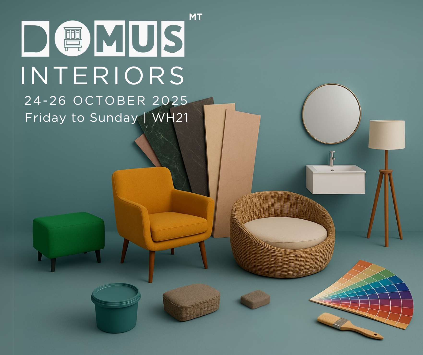 Domus Interiors 2025 promotional image with furniture, décor materials, and paint tools – Malta interior design expo
